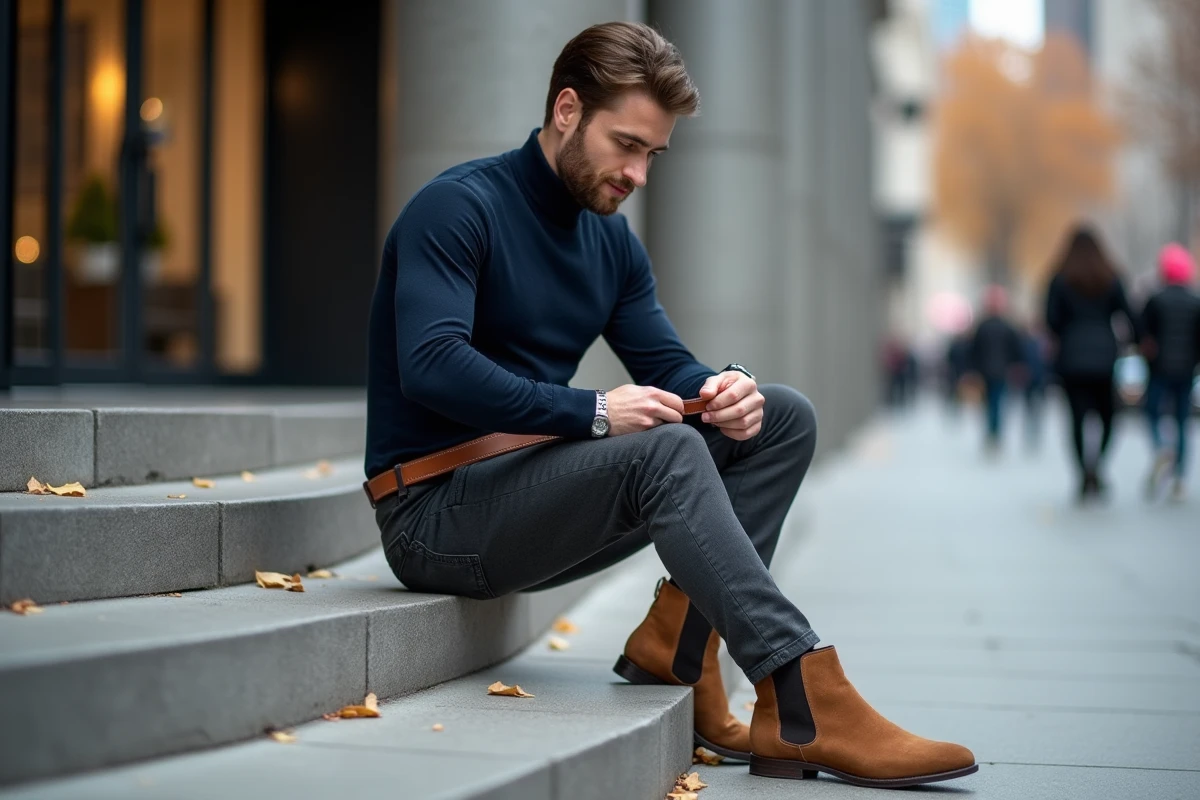 Homme stylé examinant une ceinture en cuir haut de gamme assis sur des marches urbaines en automne
