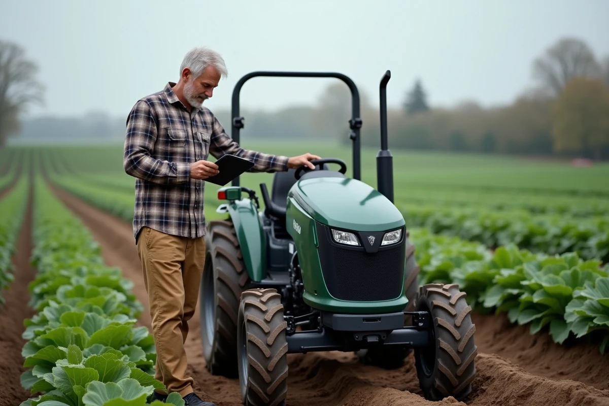 Agriculteur utilisant une technologie innovante sur une exploitation maraîchère biologique