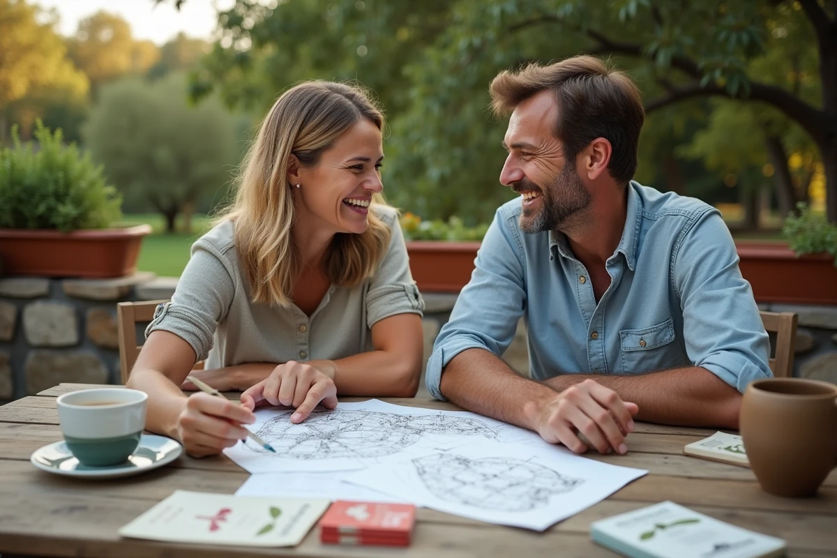 Deux amis planifiant leur projet de jardinage avec des catalogues de semences sur une terrasse de ferme