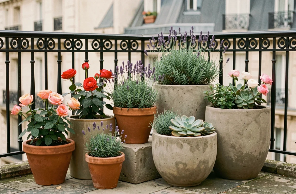 Arrangement de pots de différentes tailles en terre cuite, céramique et béton avec roses et lavande sur terrasse