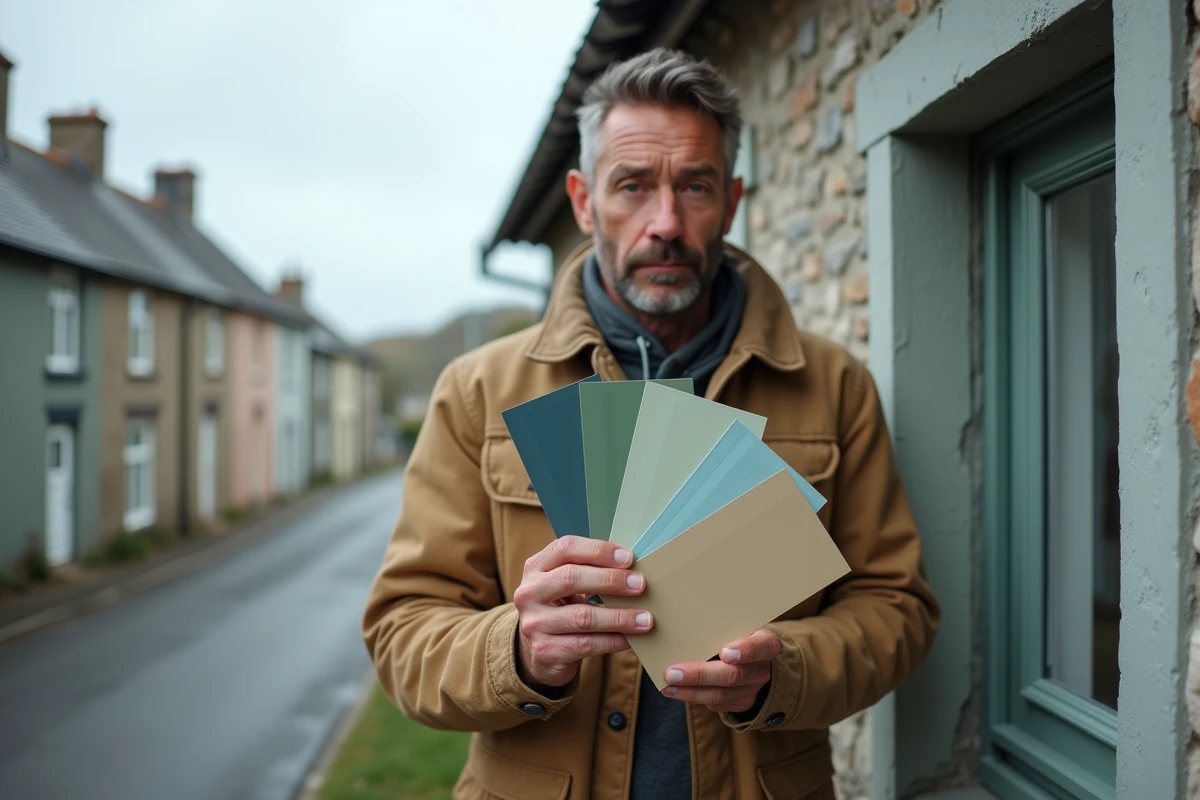 Artisan breton comparant des teintes de peinture pour fenêtres devant une maison en Bretagne