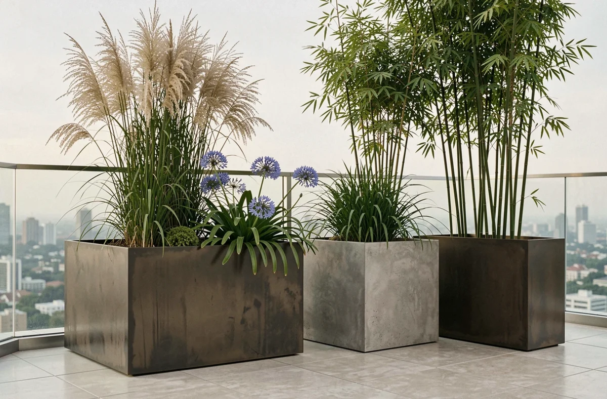 Grands bacs rectangulaires en béton et acier plantés de graminées et agapanthes sur une terrasse minimaliste
