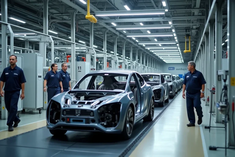 Chaîne de montage automatisée dans une gigafactory Tesla avec des ouvriers en combinaison inspectant des véhicules électriques en cours d'assemblage