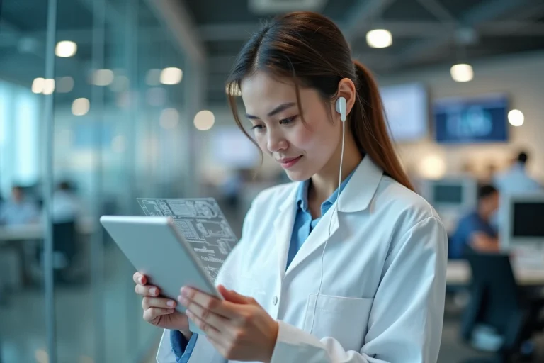 Chercheuse en technologie examinant un écran flexible transparent dans un bureau d'innovation moderne en 2024