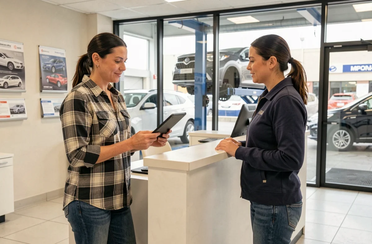 Cliente discutant des services de rénovation de son véhicule avec un conseiller dans un centre automobile moderne
