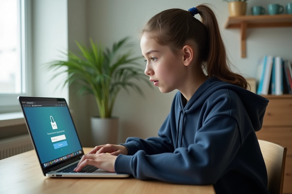 Collégienne connectée à un portail scolaire en ligne sur un ordinateur portable dans sa chambre