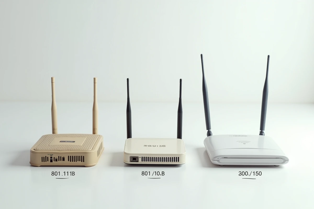 Comparaison visuelle de trois générations de routeurs Wi-Fi Legacy à modernes disposés sur fond blanc