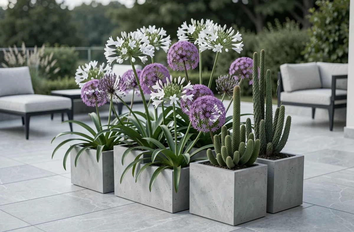Composition florale moderne et élégante avec agapanthes, alliums et euphorbes dans des pots en béton design