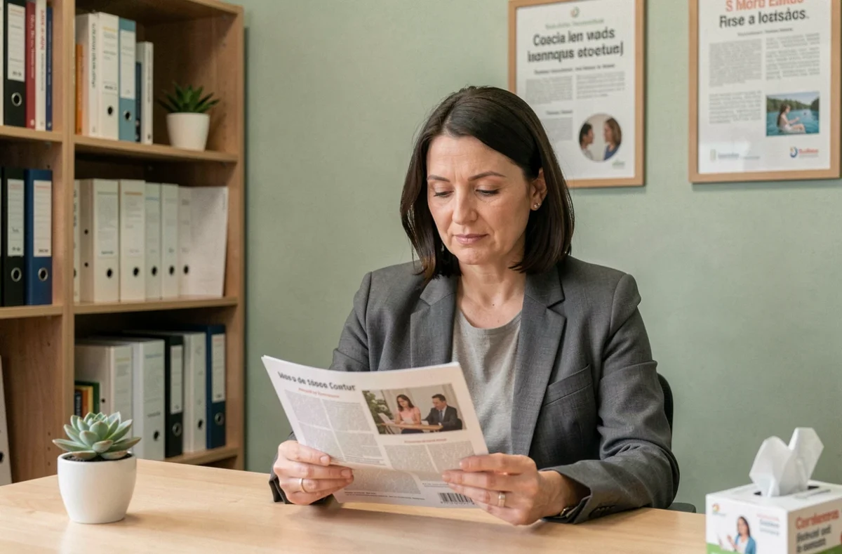 Femme consultant une brochure dans un bureau d'accompagnement d'un centre pour femmes