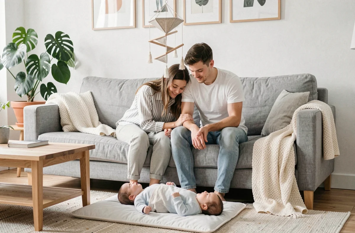 Jeune couple de parents assis dans leur salon regardant leur nouveau-né sur un tapis d'éveil, scène de vie familiale naturelle