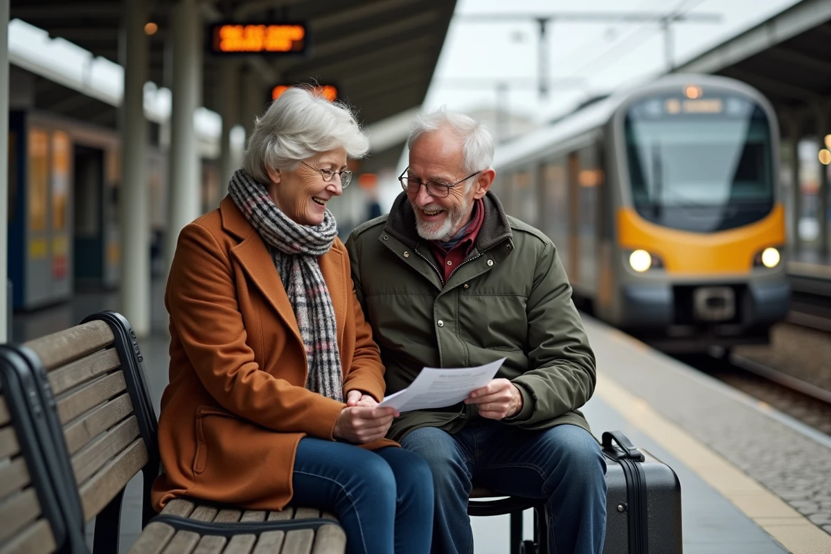 Couple de seniors en gare sur un quai examinant leurs billets de train SNCF avec leurs valises avant un voyage en train régional