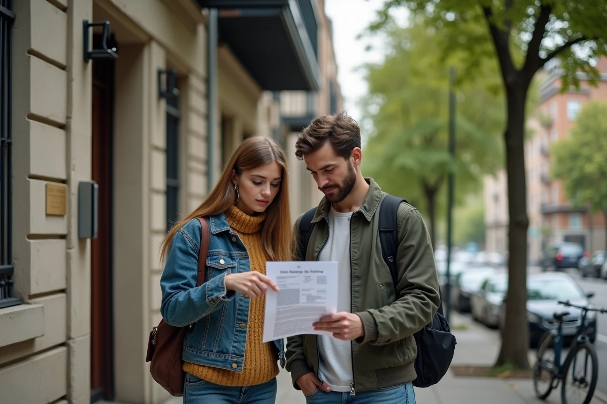 Couple visitant un immeuble d'appartements pour une location immobilière en milieu urbain