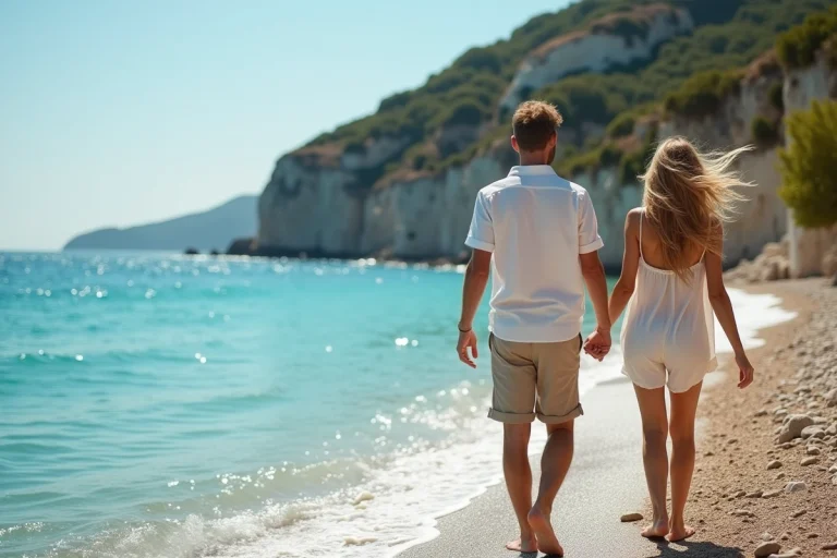 Jeune couple en été marche sur la côte rocheuse de Zante