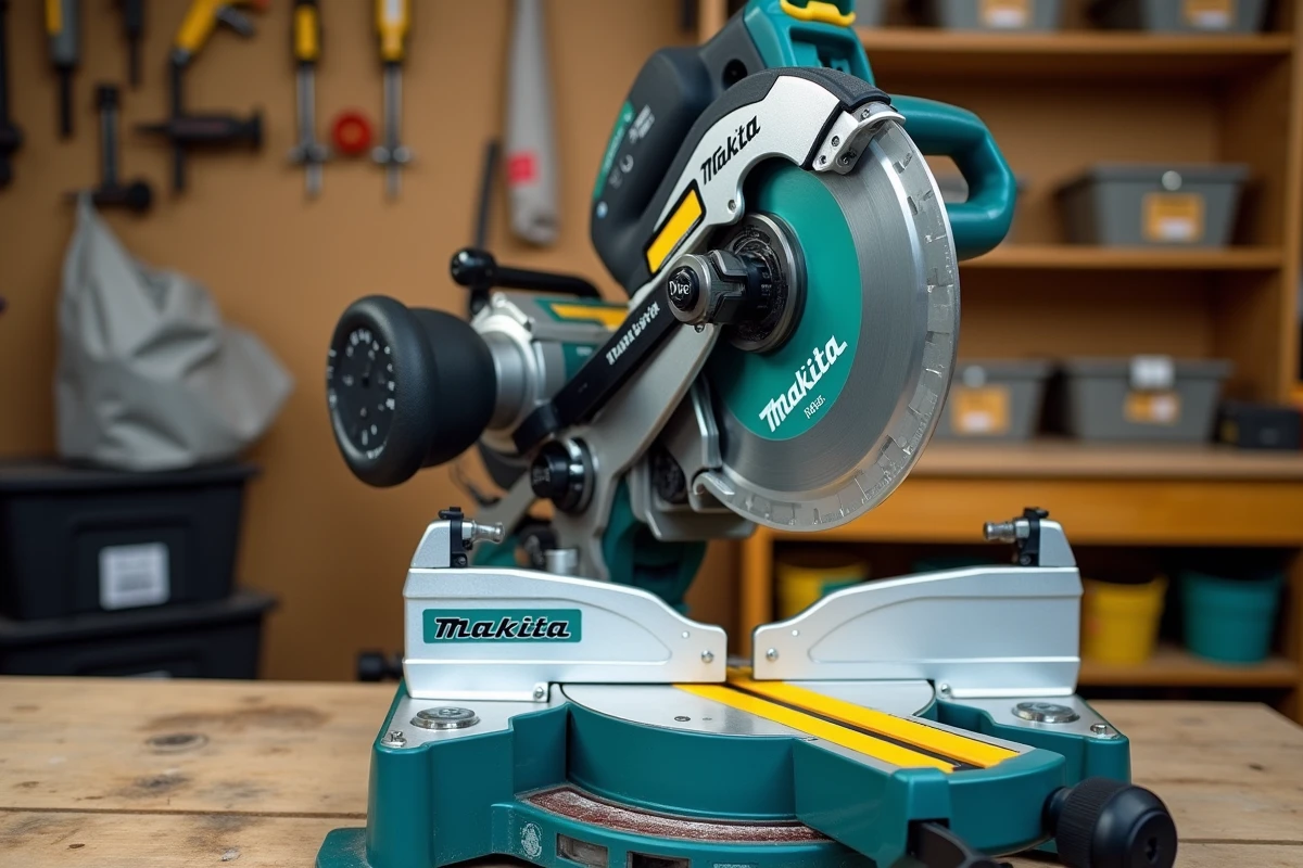 Gros plan sur les détails mécaniques et le guidage laser de la scie Makita LS1018L