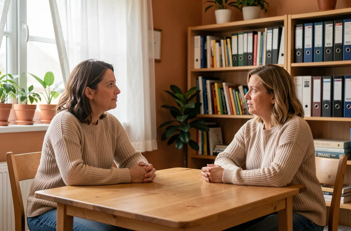 Deux femmes discutant dans un centre d'écoute pour femmes, atmosphère bienveillante et chaleureuse