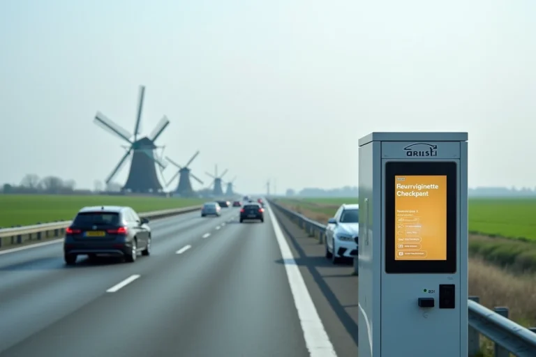 Borne d'enregistrement pour l'eurovignette sur une autoroute aux Pays-Bas avec des voitures européennes en arrière-plan