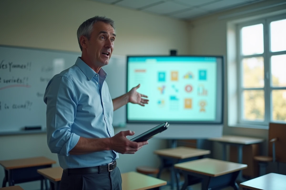 Enseignant présentant la plateforme Oze 92 devant une classe avec un tableau de projection