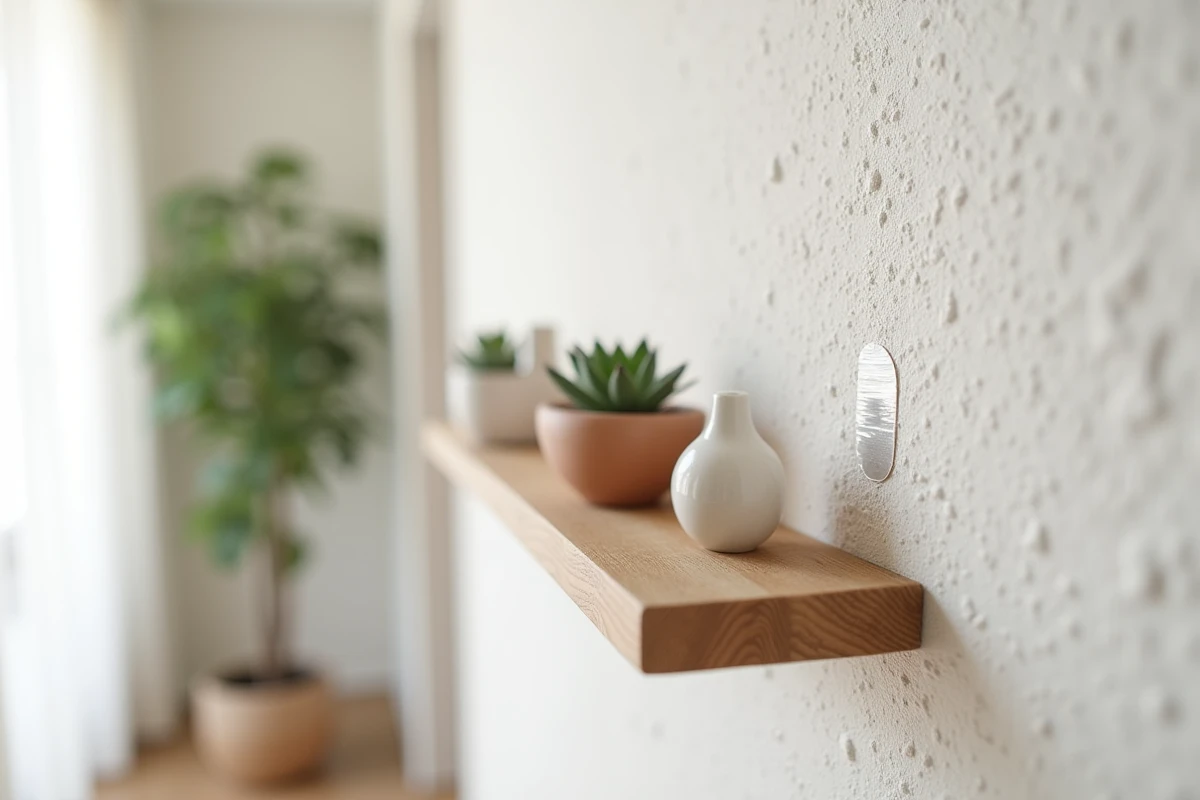 Étagère en bois fixée sans perçage sur un mur en crépi grâce à des pastilles adhésives transparentes