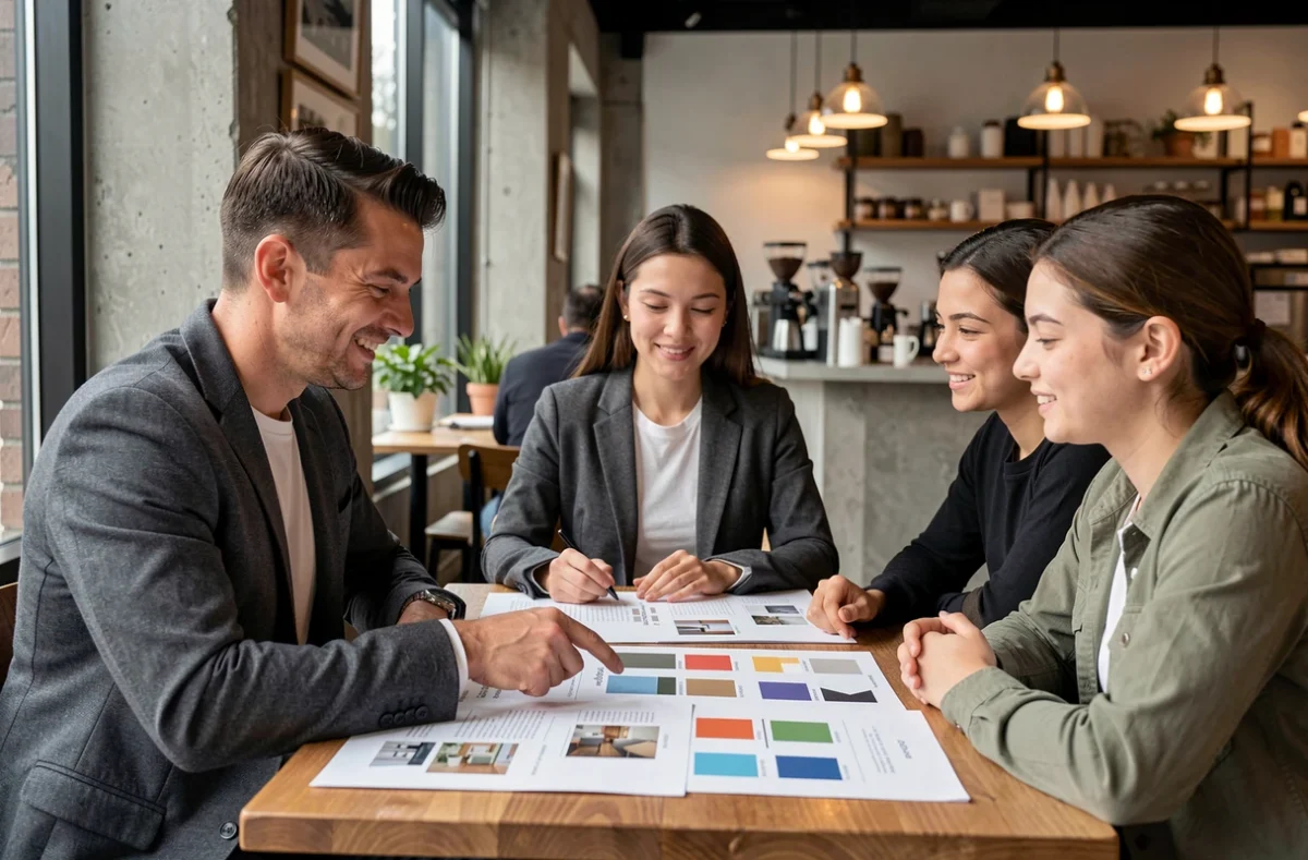 Expert en décoration intérieure présentant des planches d'ambiance à un couple dans un café lors d'une consultation abordable