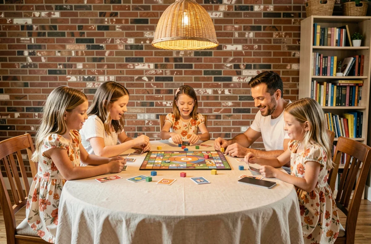 Famille nombreuse avec des jumelles jouant à un jeu de société autour d'une grande table dans une salle à manger conviviale avec mur en briques