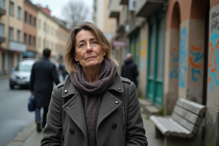 Femme méditative dans une rue de Bucarest avec bâtiments anciens