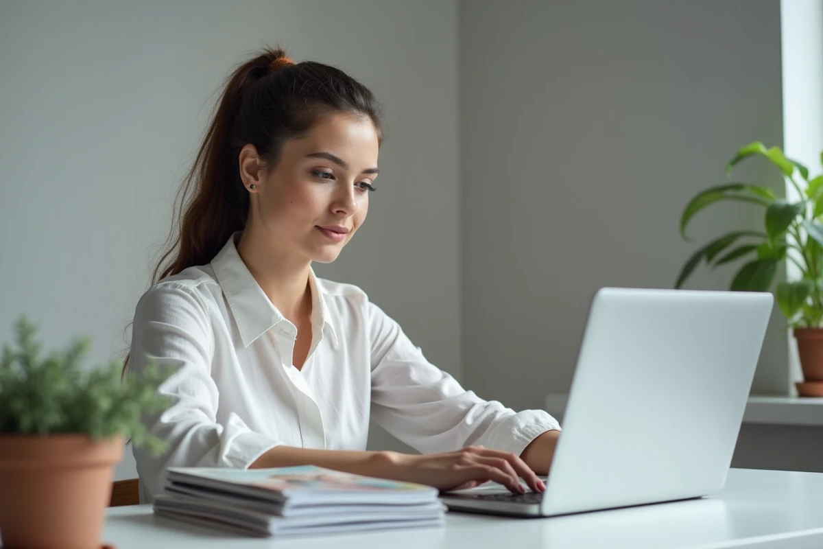 Jeune femme consultant un site d'abonnement à un magazine de psychologie avec des numéros imprimés sur son bureau