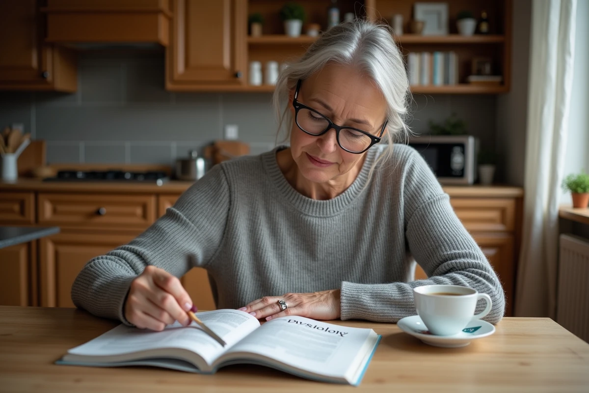 Femme comparant un abonnement et un achat au numéro pour son magazine de psychologie à la maison