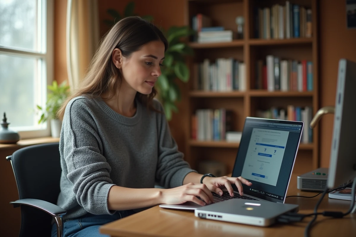 Femme configurant une connexion Wi-Fi Legacy sur un ancien ordinateur portable dans un bureau à domicile