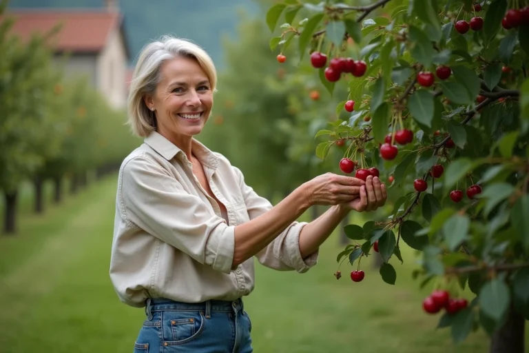 Femme cueillant des cerises dans un verger en plein air