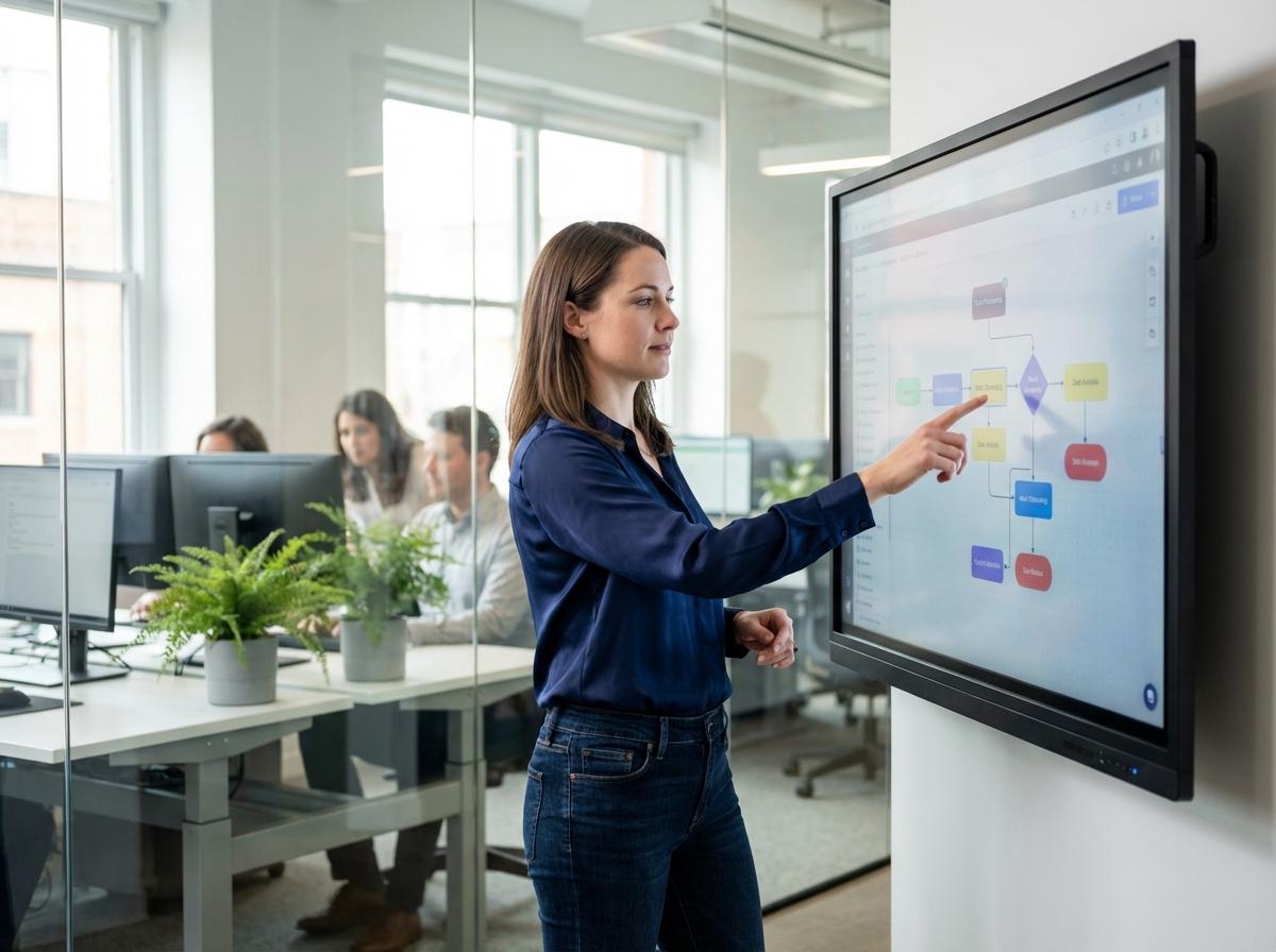 Jeune femme montrant un tableau interactif dans un bureau moderne