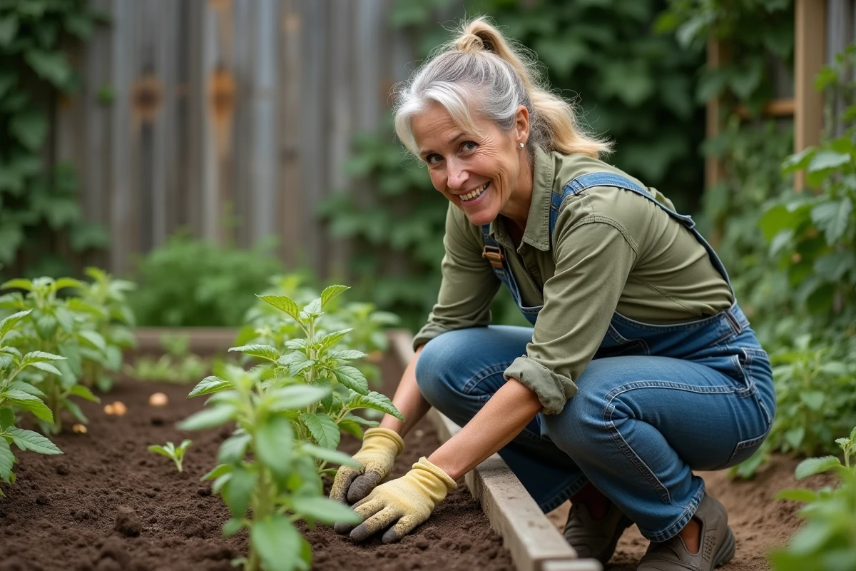 Femme passionnée d'agriculture urbaine cultivant des tomates dans un jardin potager permaculturel