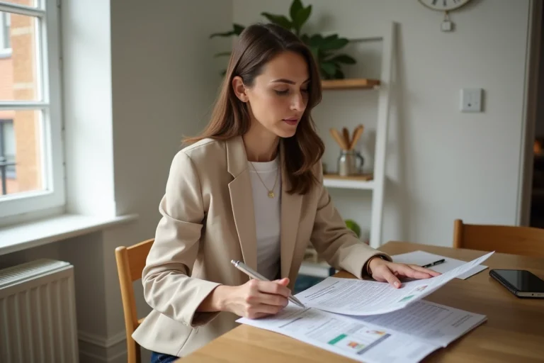 Femme consultant des annonces de location immobilière à une table en bois dans un appartement moderne