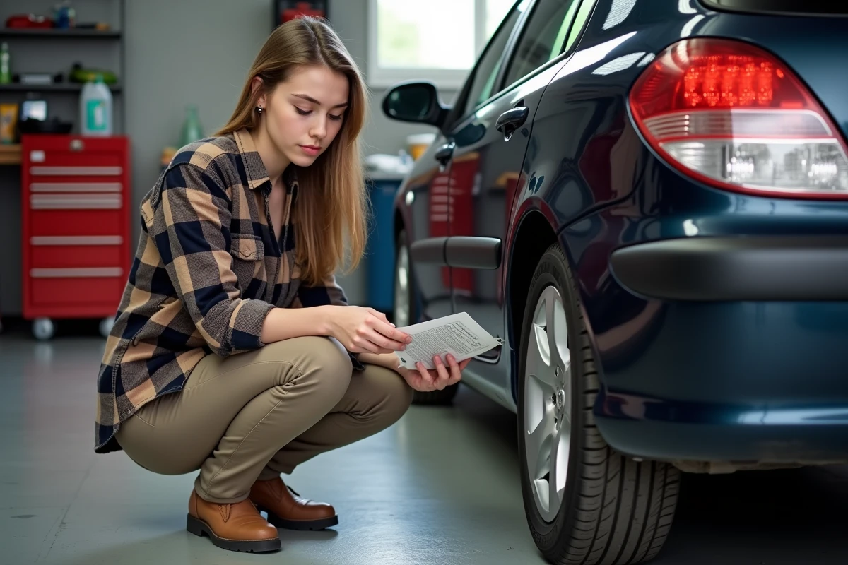 Jeune femme consulte le manuel près de la Peugeot dans le garage