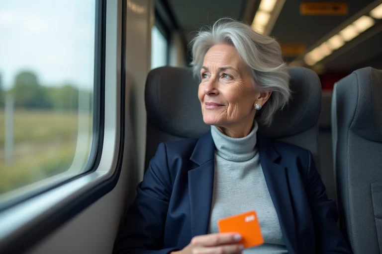 Femme senior tenant sa carte SNCF dans un train TGV moderne, regardant par la fenêtre sur un paysage de campagne française