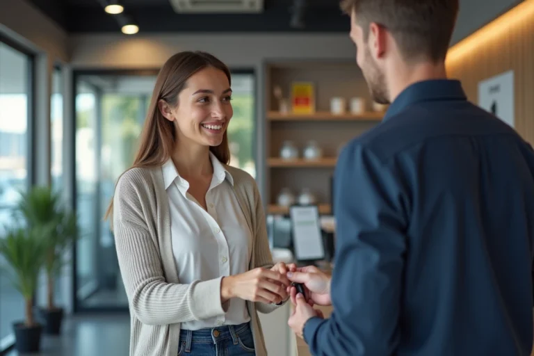Jeune femme remettant des clés à un employé au comptoir