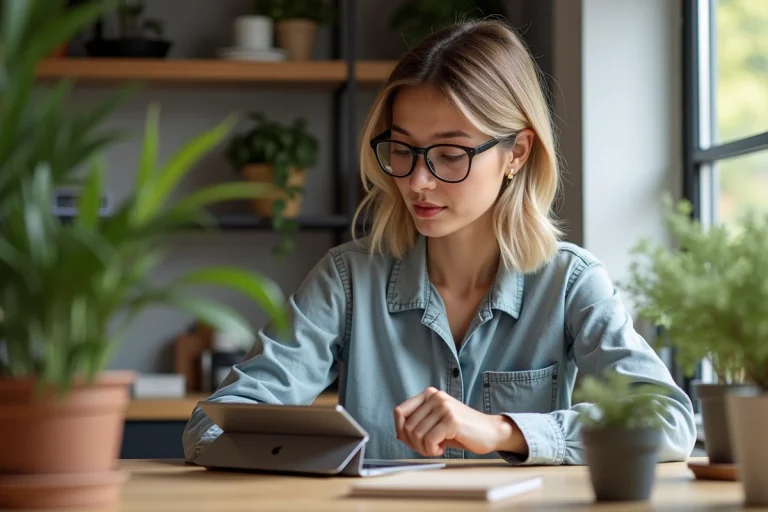 Jeune femme utilisant un appareil tactile dans une cuisine moderne