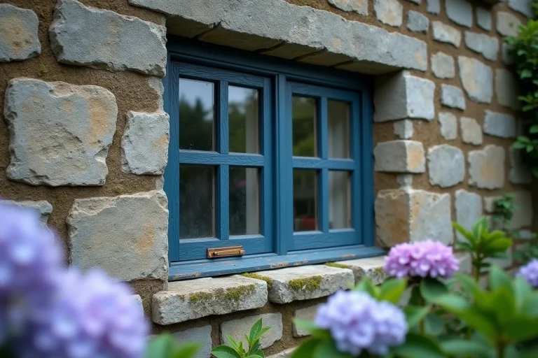 Fenêtre en bois peinte en bleu ardoise sur façade en granit breton avec hortensias