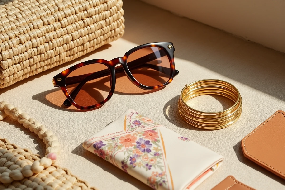 Flat lay d'accessoires de mode tendance sur lin texturé, incluant lunettes, pochette et bijoux dorés