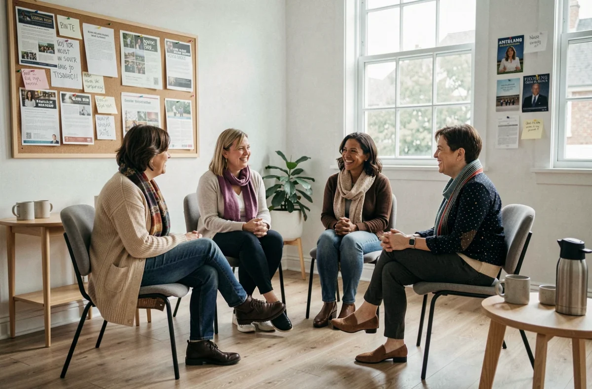 Groupe de femmes réunies en cercle de parole dans un centre communautaire pour femmes