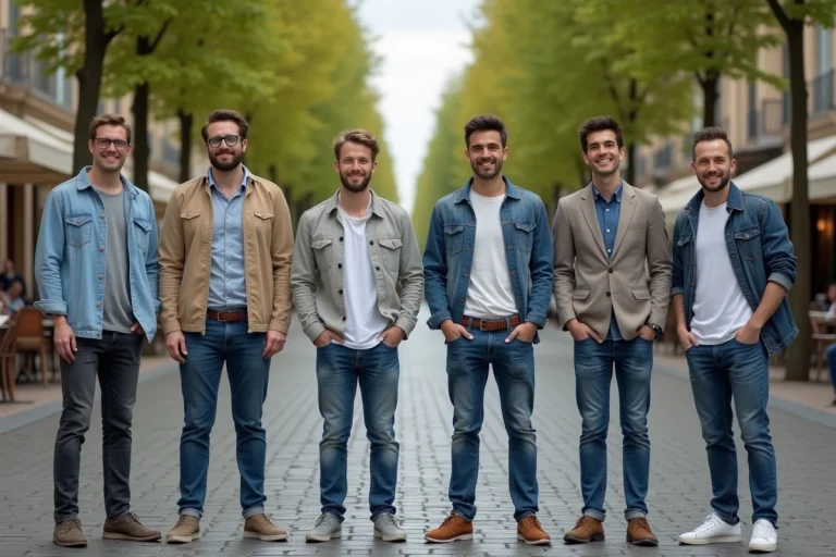 Groupe d'hommes dans une rue piétonne urbaine en France