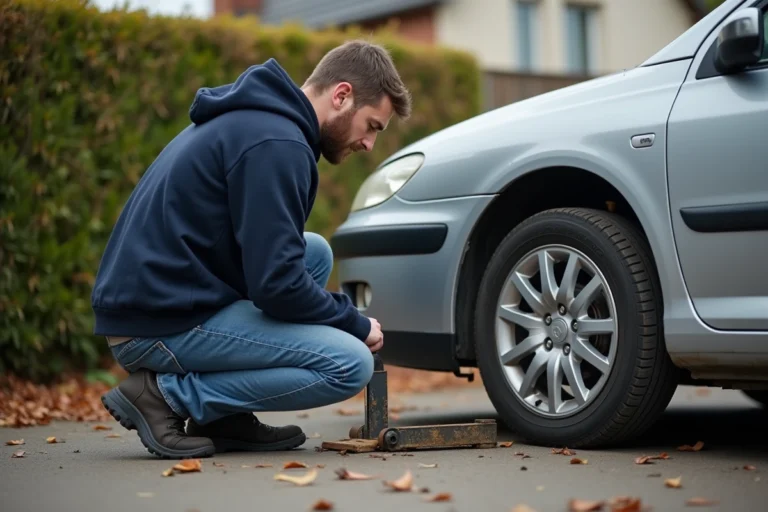 Homme moyenâge en jeans et sweat positionne un cric sous la Peugeot