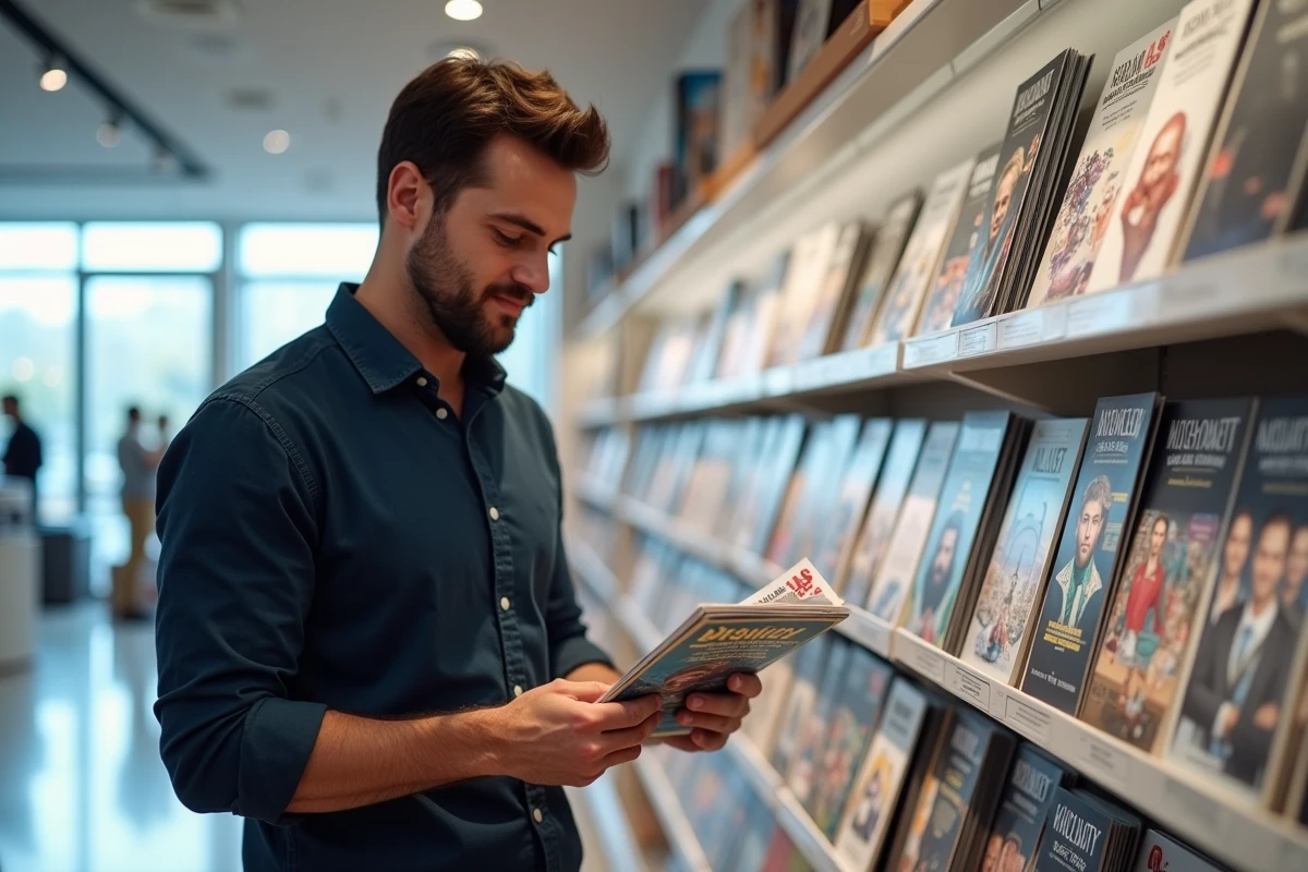Homme en librairie tenant un magazine de psychologie en comparant l'achat unique et l'abonnement sur son téléphone