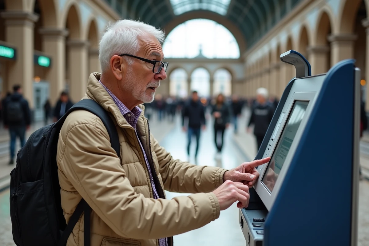 Homme senior utilisant une borne de billetterie SNCF en gare pour acheter un billet avec sa carte de réduction