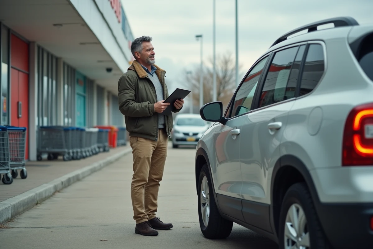 Homme vérifiant une voiture de location devant un supermarché