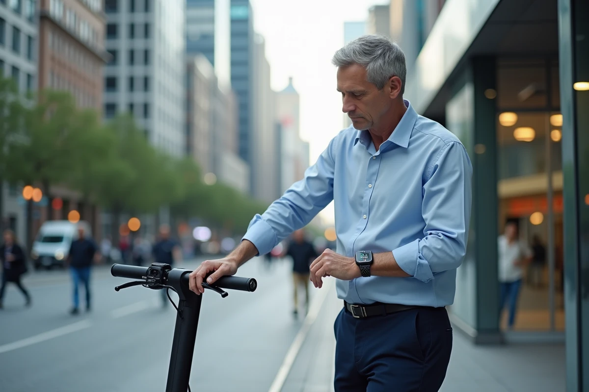 Homme chargeant une trottinette électrique en ville