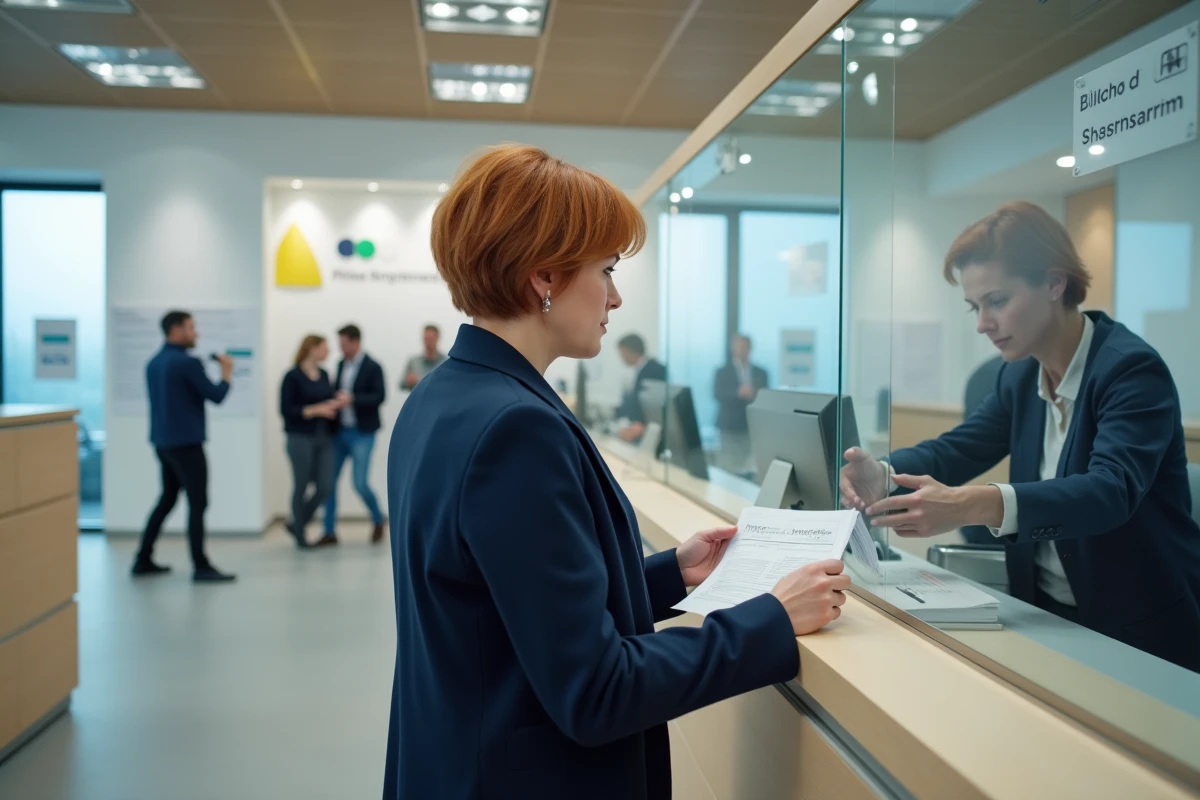 Femme déposant ses documents d'immatriculation de véhicule au guichet d'un bureau municipal néerlandais