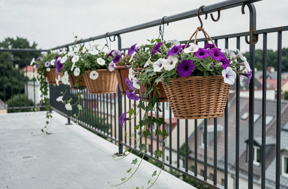 Jardinières suspendues aux balustrades d'une terrasse moderne avec fleurs en cascade roses et violettes