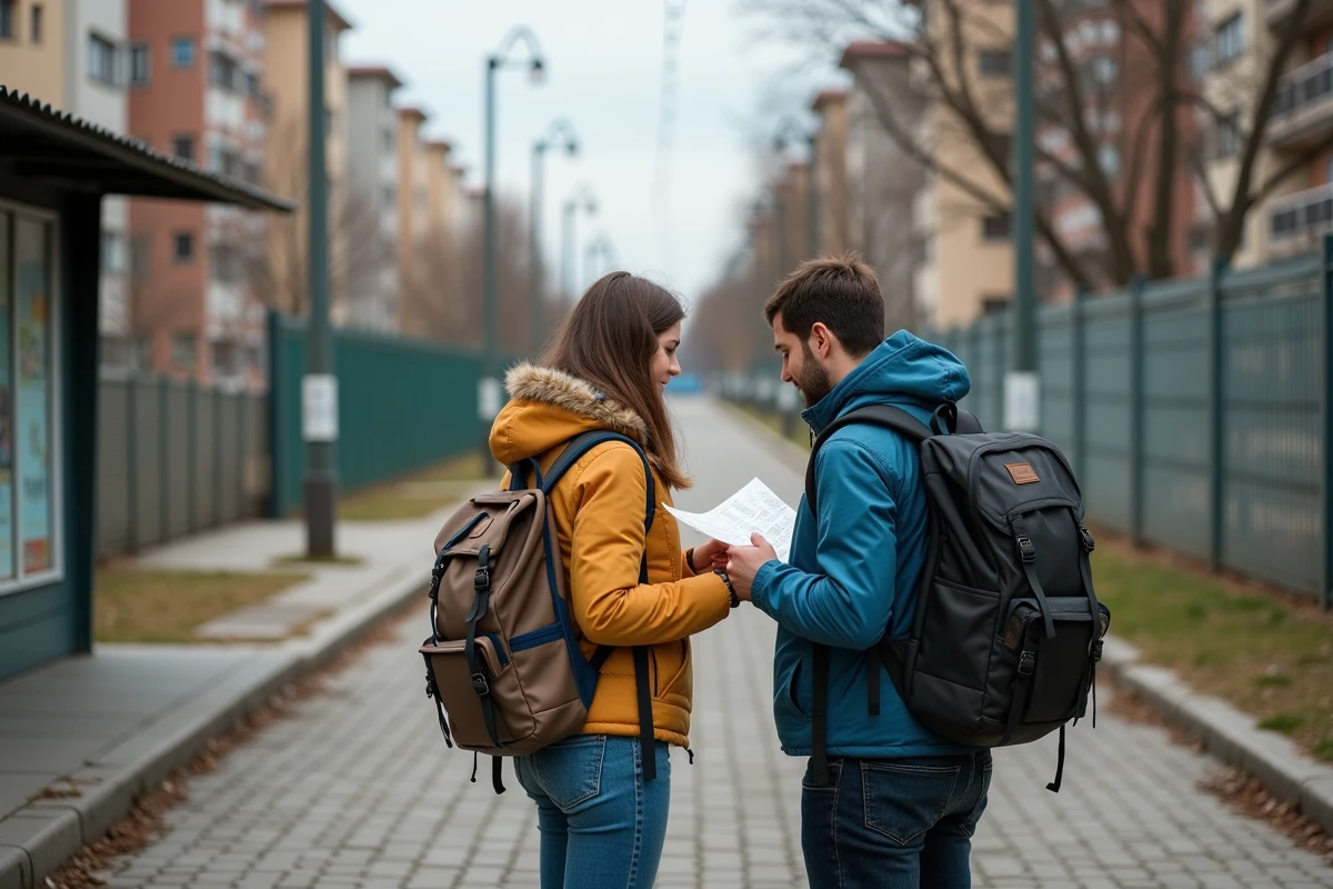 Jeune couple touristique consulte une carte dans un quartier résidentiel