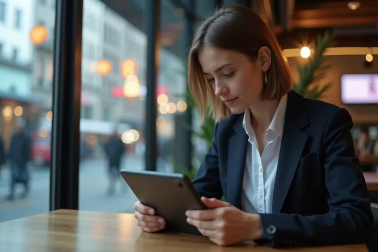 Jeune femme lisant les actualités sur une tablette dans un café