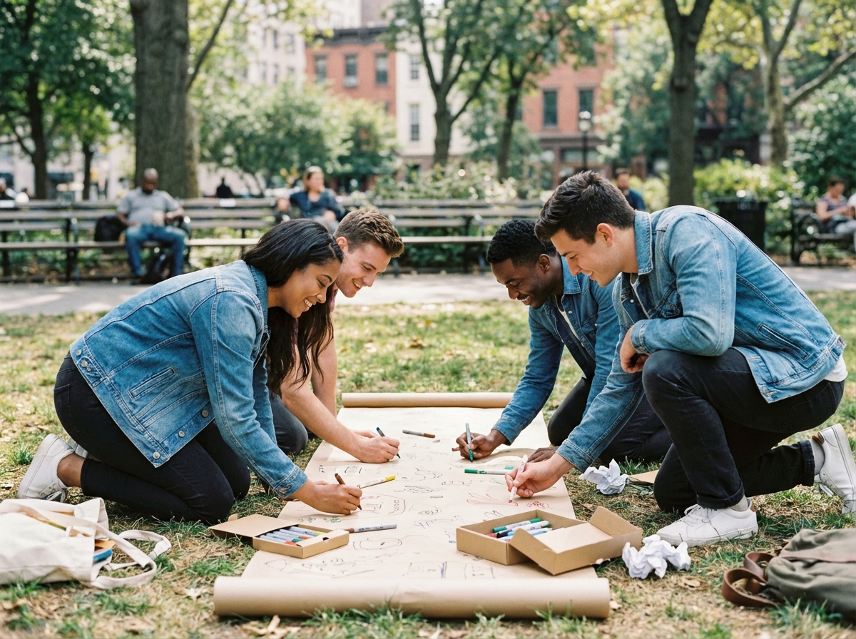 Jeunes professionnels dessinant en plein air dans un parc